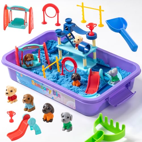 PreTrans Pet Track Set Pet Sensory Bin for Kids AllinOne Animal Sensory Sand Kit with Dog Playset Tools - Image 1