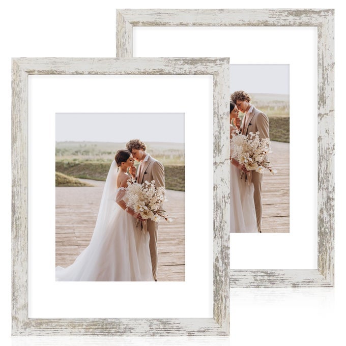 11X14 PICTURE FRAME SET OF 2 MADE OF GLASS AND DISTRESSED WHITE WOODEN FRAME DISPLAY 8X10 PICTURES WITH MAT OR 11 X 14 POSTERS WITHOUT MAT FOR WALL MOUNTING GALLERY PHOTO FRAMES