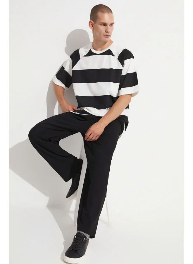 JUNE June Men Oversize Pattern Crew Neck Striped Tshirt Black