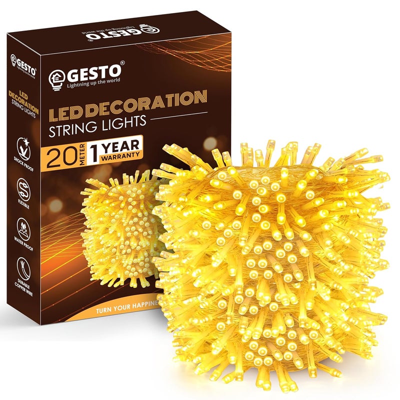Gesto 20 متر أضواء سلسلة LED – قابس AC مقاوم للماء سلك نحاسي ضوء خيالي أصفر لتزيين المنزل، عيد الميلاد، الحديقة، ديبافالي وأضواء تزيين ديوالي لشرفة خارجية - أبيض دافئ - Image 1