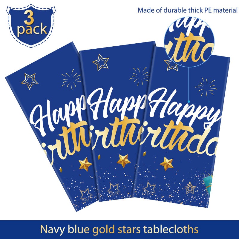 Tegeme Navy Blue Party Supplies Stars Happy Birthday Tablecloths Starry Confetti Table Covers for Kids Boys Girls Baby Shower Birthday Party Decorations(Navy Blue and Gold,3 Pack) - Image 3