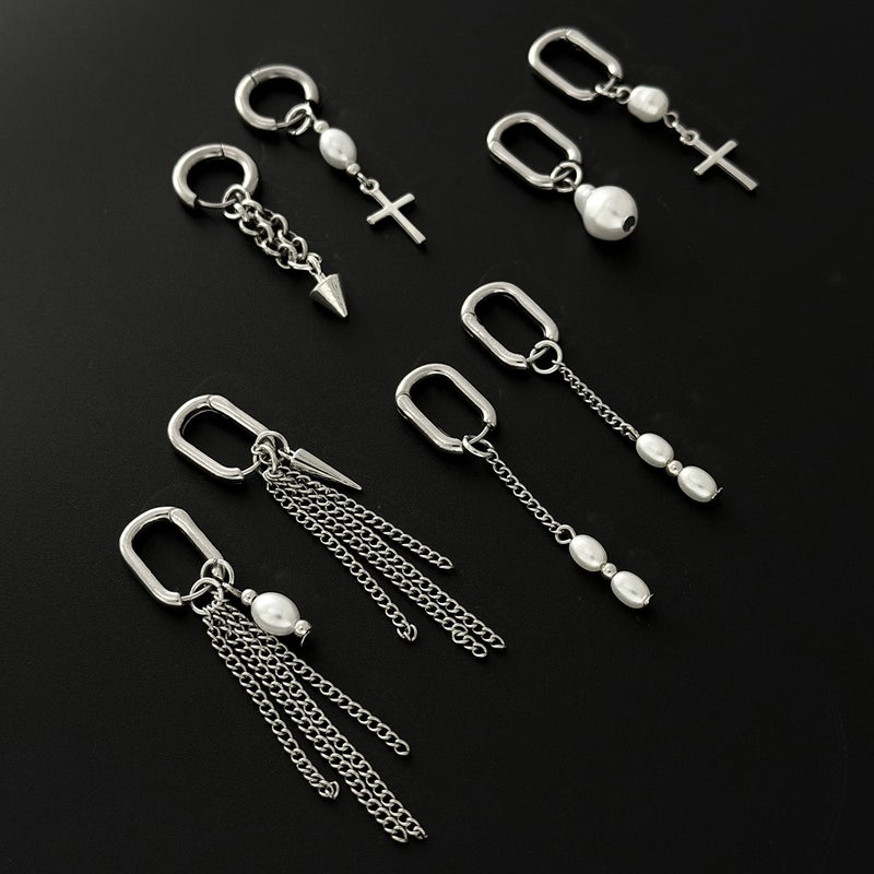 SHIXIN European and American Cross-Shaped Pearl Pendant Earrings with Geometric U-Chain Tassels - Image 4