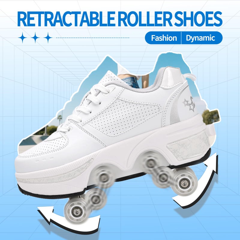 UonrvaoN Roller Skate Shoes for Girls, Kids, Women, Men,Double-Row Skating Shoes,Retractable Wheels Sneakers,Adjustable Parkour Roller Skates,Deformation Sneakers Outdoor (by, 11 Women/10 Men) - Image 2