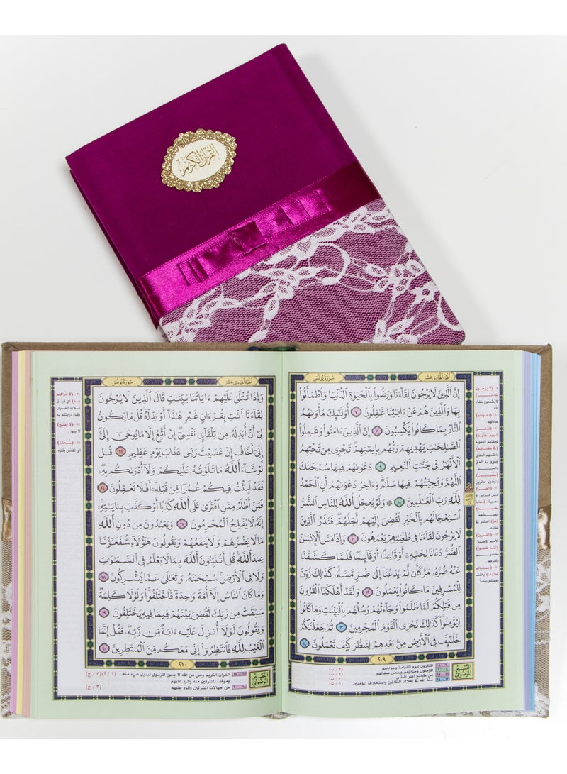 المصحف بالرسم العثماني وبهامشه التقسيم الموضوعي و التبيان لكلم المنان من تفسير السعدي. موضوعي ملون الأطراف دانتيل قياس صغير 17/12(بنفسجي) - Image 2