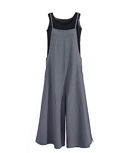 YESNO Women Casual Loose Boyfriend Bib Pants Summer Wide Leg Cotton Jumpsuits Rompers with Pockets XS-5X (M PZZTYP2 Gray) - Image 1