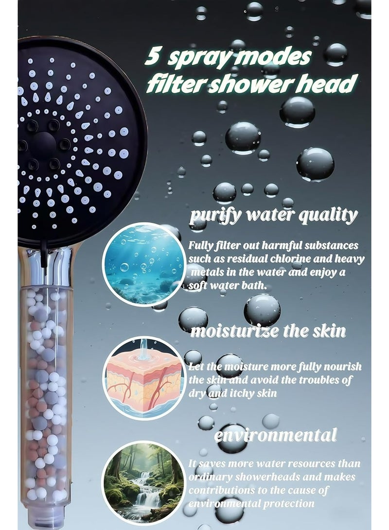 رأس دش عالي الضغط بخمسة أوضاع لتوفير المياه، رأس دش مزود بفلتر مع رأس دش يدوي، تدفق مياه عالي الضغط وأوضاع رش متعددة، رأس دش مزود بفلتر، رأس دش مزود بمفتاح تشغيل/إيقاف مؤقت (فضي + أسود)، كبير 120 مم، مقاوم للرواسب الكلسية، لتنعيم المياه العسرة - Image 3