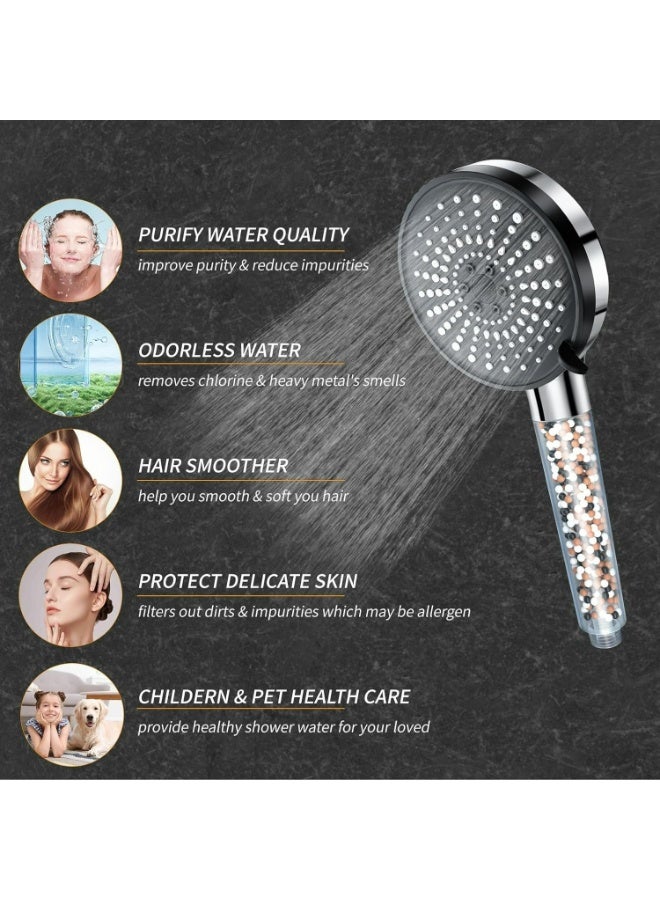 رأس دش عالي الضغط بخمسة أوضاع لتوفير المياه، رأس دش مزود بفلتر مع رأس دش يدوي، تدفق مياه عالي الضغط وأوضاع رش متعددة، رأس دش مزود بفلتر، رأس دش مزود بمفتاح تشغيل/إيقاف مؤقت (فضي + أسود)، كبير 120 مم، مقاوم للرواسب الكلسية، لتنعيم المياه العسرة - Image 4