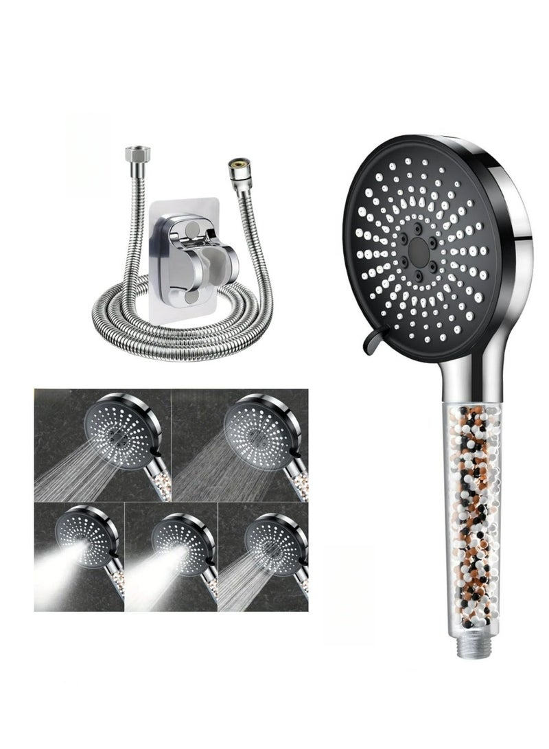 رأس دش عالي الضغط بخمسة أوضاع لتوفير المياه، رأس دش مزود بفلتر مع رأس دش يدوي، تدفق مياه عالي الضغط وأوضاع رش متعددة، رأس دش مزود بفلتر، رأس دش مزود بمفتاح تشغيل/إيقاف مؤقت (فضي + أسود)، كبير 120 مم، مقاوم للرواسب الكلسية، لتنعيم المياه العسرة - Image 1