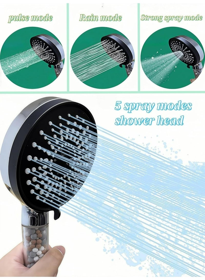 رأس دش عالي الضغط بخمسة أوضاع لتوفير المياه، رأس دش مزود بفلتر مع رأس دش يدوي، تدفق مياه عالي الضغط وأوضاع رش متعددة، رأس دش مزود بفلتر، رأس دش مزود بمفتاح تشغيل/إيقاف مؤقت (فضي + أسود)، كبير 120 مم، مقاوم للرواسب الكلسية، لتنعيم المياه العسرة - Image 2