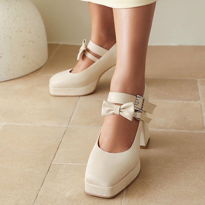Spring 2024 Fashion High Heeled Square Head Women'S Shoes 40-48 Plus Size Thick Bottom Thick High Heeled Button Single Shoes - Image 4