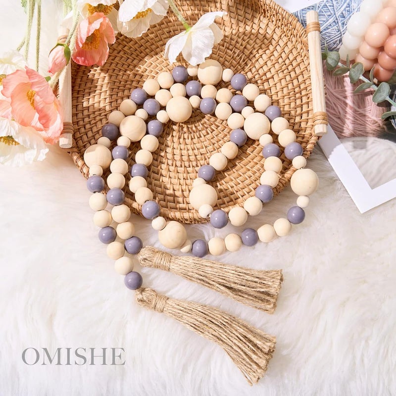 OMISHE Wood Bead Garland with Tassels 61 Inches, Boho Decorative Beads, Farmhouse Beads Garland for Home Tiered Tray Decor, Beige Gray - Image 4