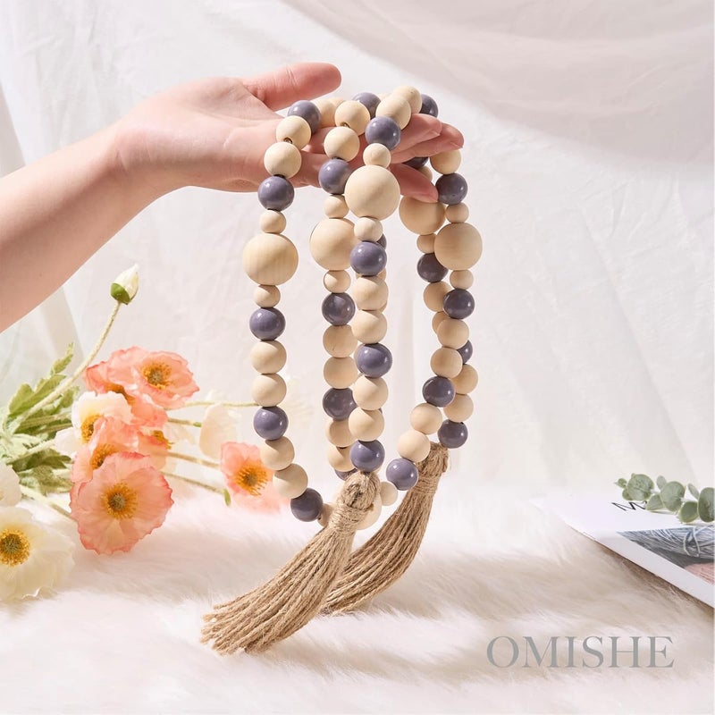OMISHE Wood Bead Garland with Tassels 61 Inches, Boho Decorative Beads, Farmhouse Beads Garland for Home Tiered Tray Decor, Beige Gray - Image 5