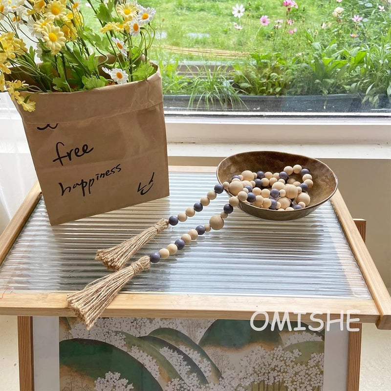OMISHE Wood Bead Garland with Tassels 61 Inches, Boho Decorative Beads, Farmhouse Beads Garland for Home Tiered Tray Decor, Beige Gray - Image 2