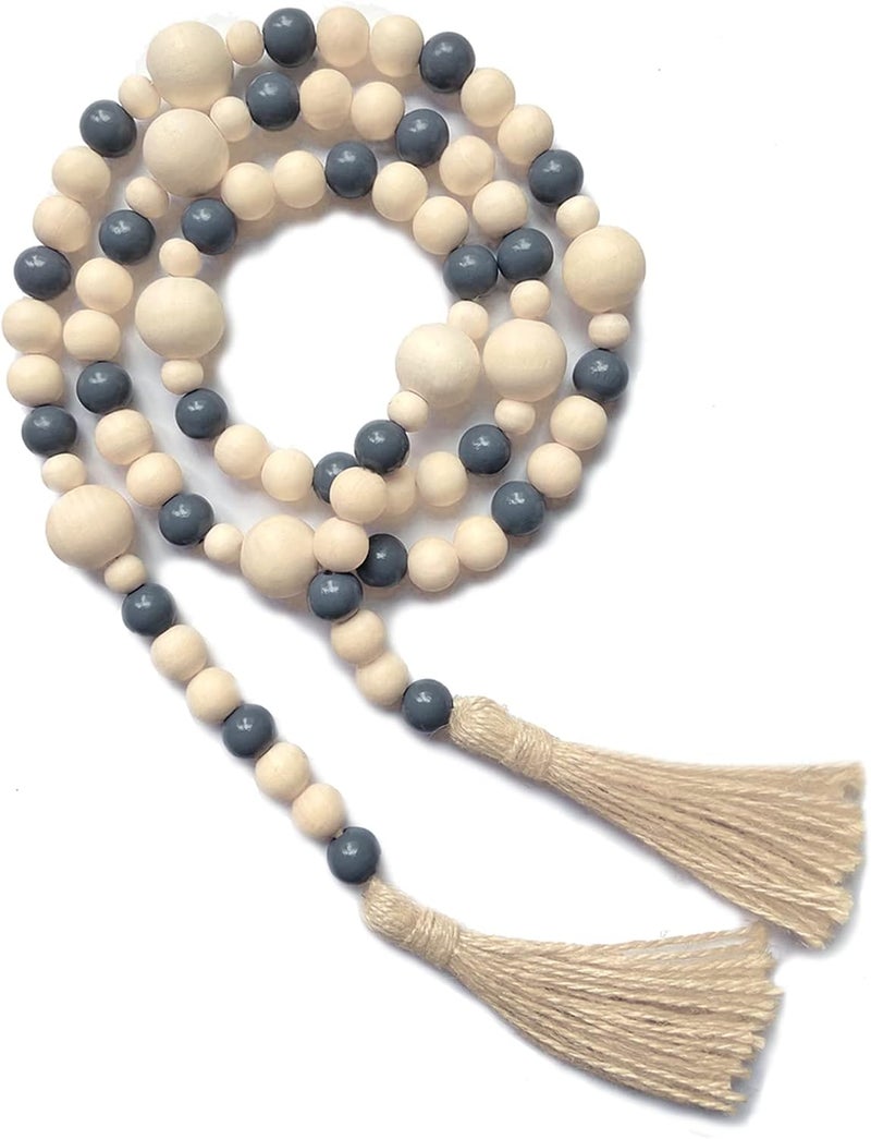 OMISHE Wood Bead Garland with Tassels 61 Inches, Boho Decorative Beads, Farmhouse Beads Garland for Home Tiered Tray Decor, Beige Gray - Image 1