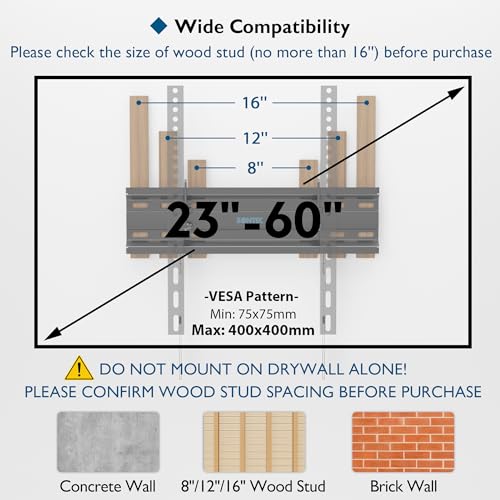 BONTEC TV Wall Mount Tilting for 23-60 inch TVs, Low Profile Design, Max VESA 400x400mm, Holds up to 115lbs, TV Mount for LCD LED OLED Flat Screens, Fixed Ultra Slim Bracket Fits 16" Studs - Image 2