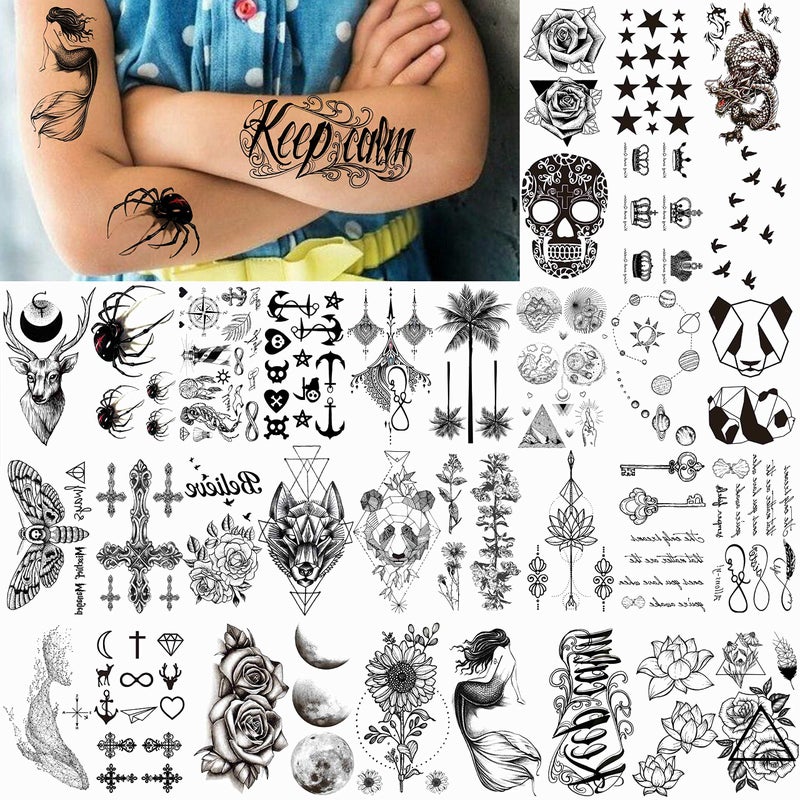 VANTATY 66 Sheets 3D Small Black Temporary Tattoos For Women Men Waterproof Fake Tattoo Stickers For Face Neck Arm Children Flower Birds Star Realistic Tatoo Kits For Boy Girls Adults - Image 4