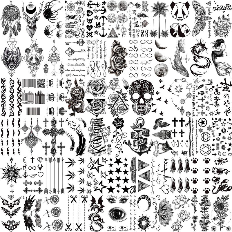VANTATY 66 Sheets 3D Small Black Temporary Tattoos For Women Men Waterproof Fake Tattoo Stickers For Face Neck Arm Children Flower Birds Star Realistic Tatoo Kits For Boy Girls Adults - Image 1