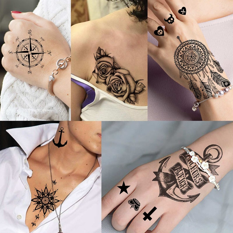 VANTATY 66 Sheets 3D Small Black Temporary Tattoos For Women Men Waterproof Fake Tattoo Stickers For Face Neck Arm Children Flower Birds Star Realistic Tatoo Kits For Boy Girls Adults - Image 3