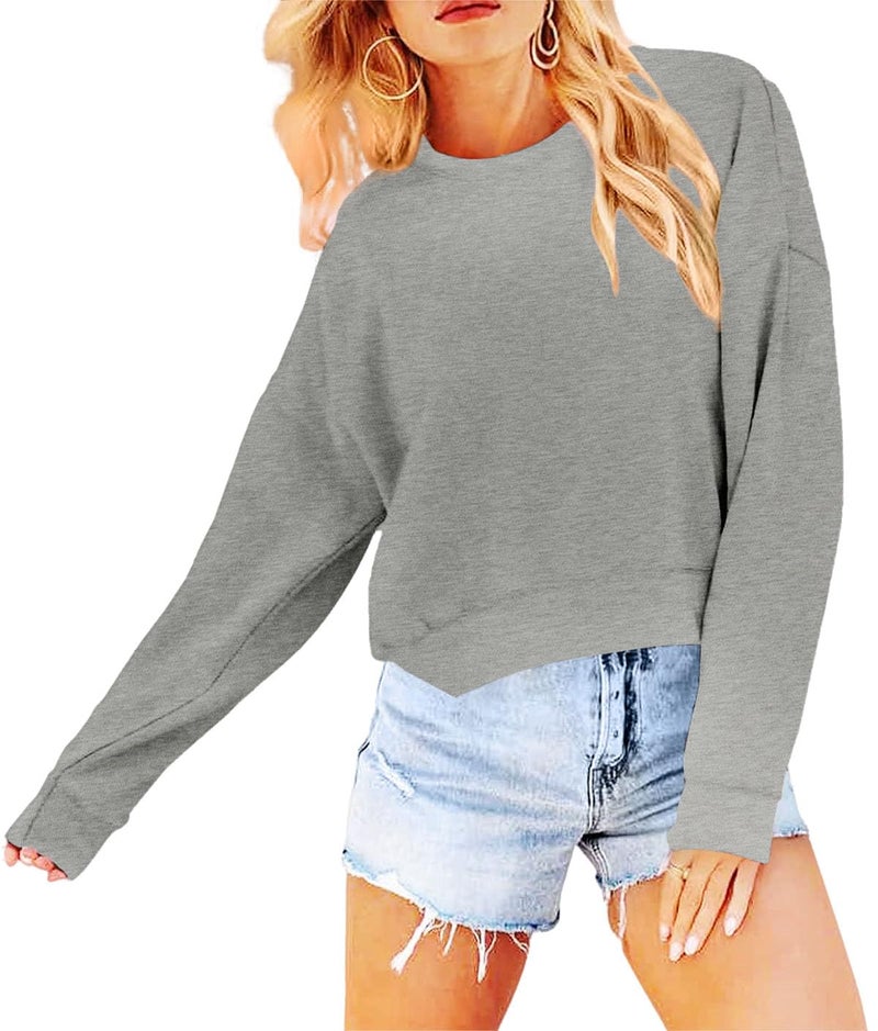 Joywayco Women's Long Sleeve Round Neck Cropped Sweatshirts Comfy Fleece Casual Pullover Tops (Gray,Medium,Female,Adult,US,Alpha,Medium,Regular,Regular) - Image 2