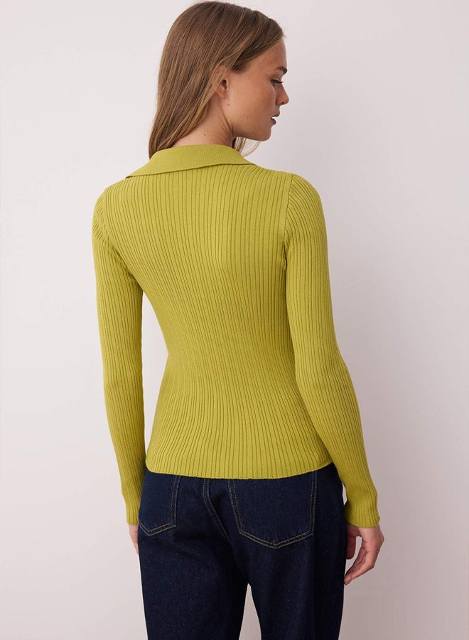 trendyol Oil Green Fitted/Fits the Body Mercerized Look Polo Collar Knitwear Cardigan - Image 4