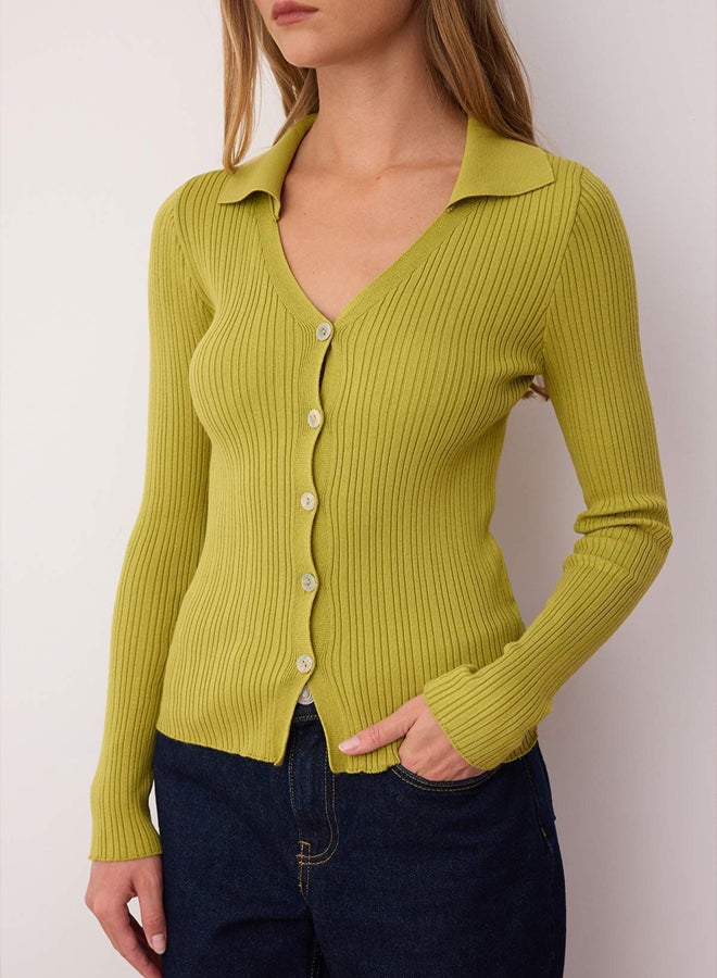 trendyol Oil Green Fitted/Fits the Body Mercerized Look Polo Collar Knitwear Cardigan - Image 2