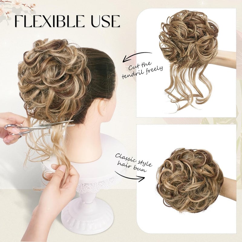 SOFEIYAN Messy Bun Hair Piece Curly Wavy Hair Bun Extensions Synthetic Tousled Updo with Tendrils Hairpieces Bun Donut Accessories Scrunchies for Women, Darkest Brown - Image 4