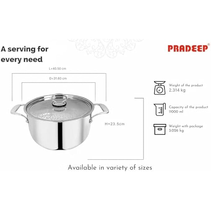 Pradeep 1810304 Food Grade Stainless Steel Cookpot Ss Design Lid 11 Ltr - Image 3
