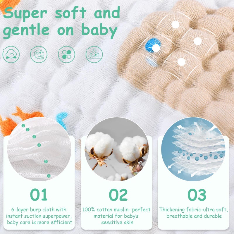 Looxii Muslin Burp Cloths 100% Cotton Muslin Cloths Large 20''x10'' Extra Soft and Absorbent 6 Pack Baby Burping Cloth (Whale) - Image 2