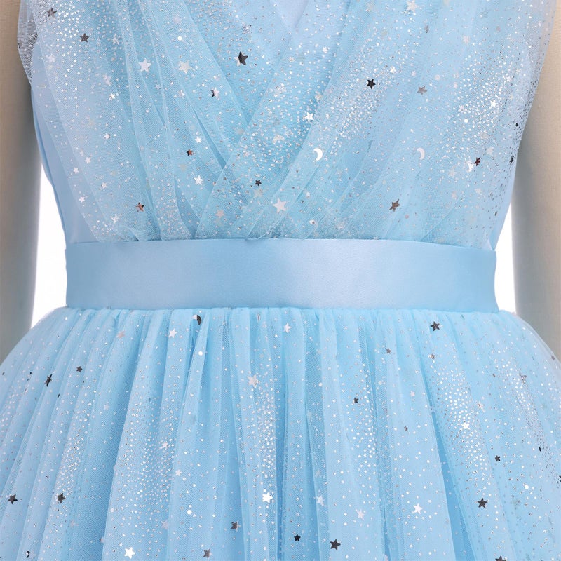 ODOLDI Kids Girls Wedding Flower Girl Dress Rainbow Sparkly Tulle Formal Prom Ball Dress Gradient Blue 3-4 T - Image 3