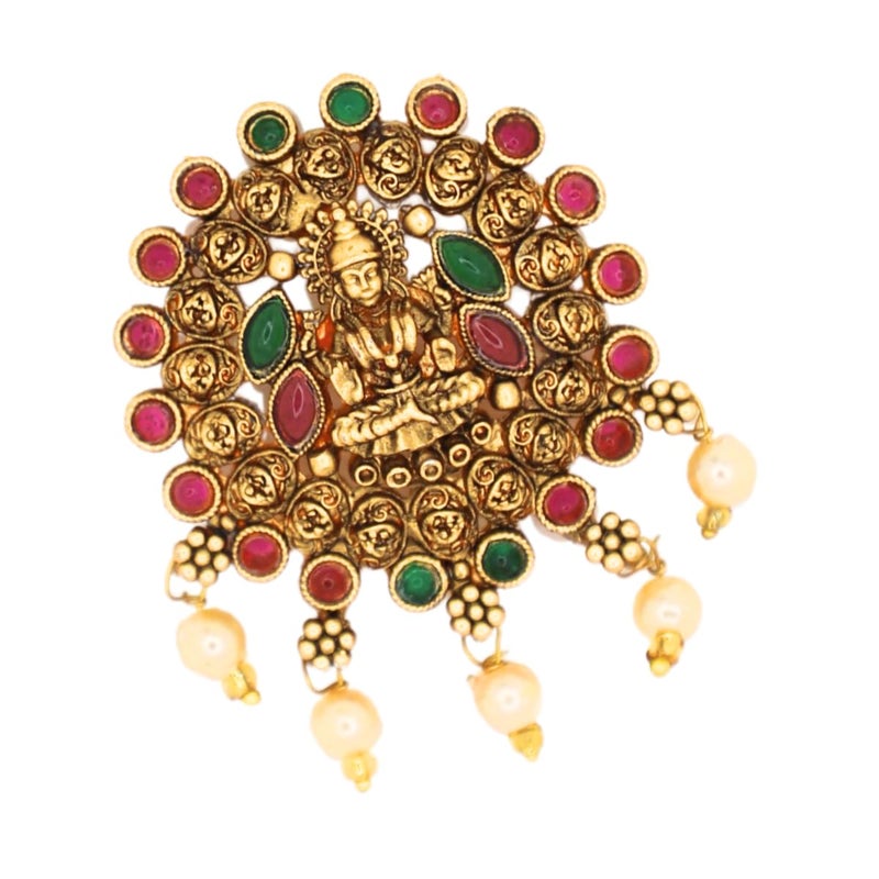 JWELLA Set of 9 Lakshmi Temple Design Choti Pins with Red & Green Enamel and Pearl Drops Traditional Juda Accessories for Bridal & Festive Hairstyles (Design 5) - Image 5