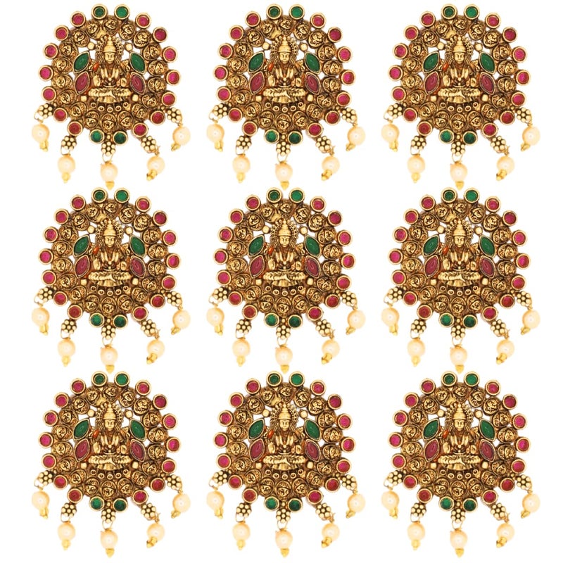 JWELLA Set of 9 Lakshmi Temple Design Choti Pins with Red & Green Enamel and Pearl Drops Traditional Juda Accessories for Bridal & Festive Hairstyles (Design 5) - Image 1