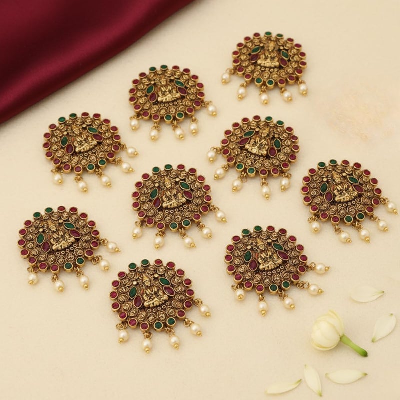 JWELLA Set of 9 Lakshmi Temple Design Choti Pins with Red & Green Enamel and Pearl Drops Traditional Juda Accessories for Bridal & Festive Hairstyles (Design 5) - Image 2