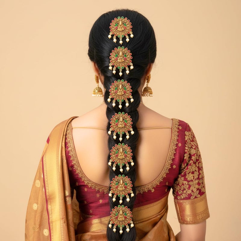 JWELLA Set of 9 Lakshmi Temple Design Choti Pins with Red & Green Enamel and Pearl Drops Traditional Juda Accessories for Bridal & Festive Hairstyles (Design 5) - Image 3