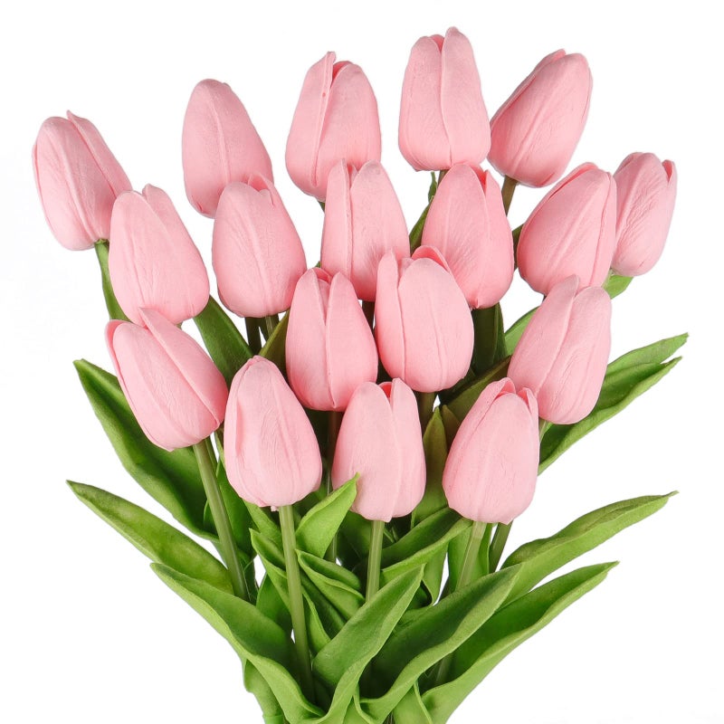 Beferr Pink Tulips Artificial Flowers 18Pcs Faux Tulip Real Touch Tulip Fake Flowers Bouquets Arrangements for Mothers Day Spring Easter Wedding Home Table Decor Pink - Image 1