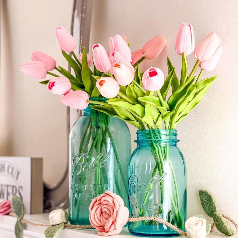Beferr Pink Tulips Artificial Flowers 18Pcs Faux Tulip Real Touch Tulip Fake Flowers Bouquets Arrangements for Mothers Day Spring Easter Wedding Home Table Decor Pink - Image 3