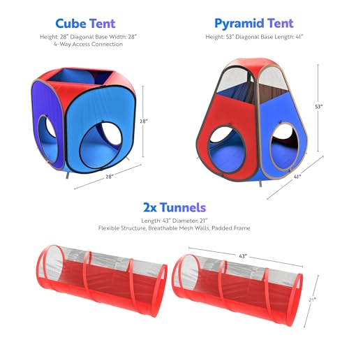 Playz 4pc Pop Up Play Tent and Tunnel Bundle for Toddlers and Kids - Indoor & Outdoor Playhouse with Storage Bag, Red & Blue - Image 2