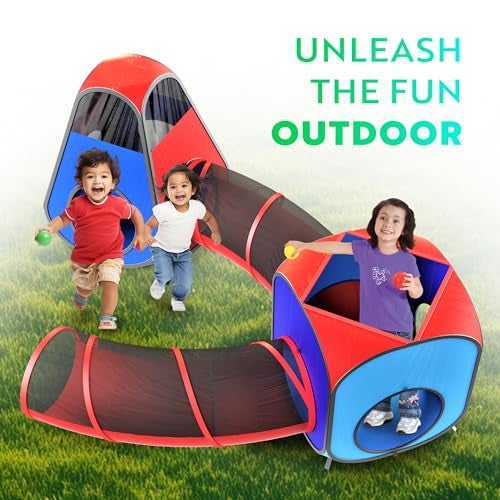 Playz 4pc Pop Up Play Tent and Tunnel Bundle for Toddlers and Kids - Indoor & Outdoor Playhouse with Storage Bag, Red & Blue - Image 4