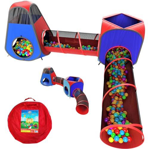 Playz 4pc Pop Up Play Tent and Tunnel Bundle for Toddlers and Kids - Indoor & Outdoor Playhouse with Storage Bag, Red & Blue - Image 1