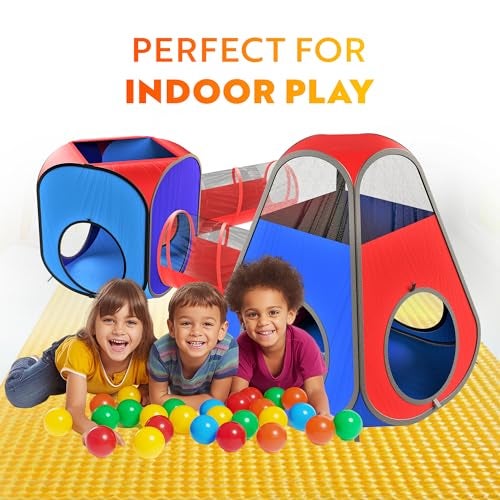 Playz 4pc Pop Up Play Tent and Tunnel Bundle for Toddlers and Kids - Indoor & Outdoor Playhouse with Storage Bag, Red & Blue - Image 3