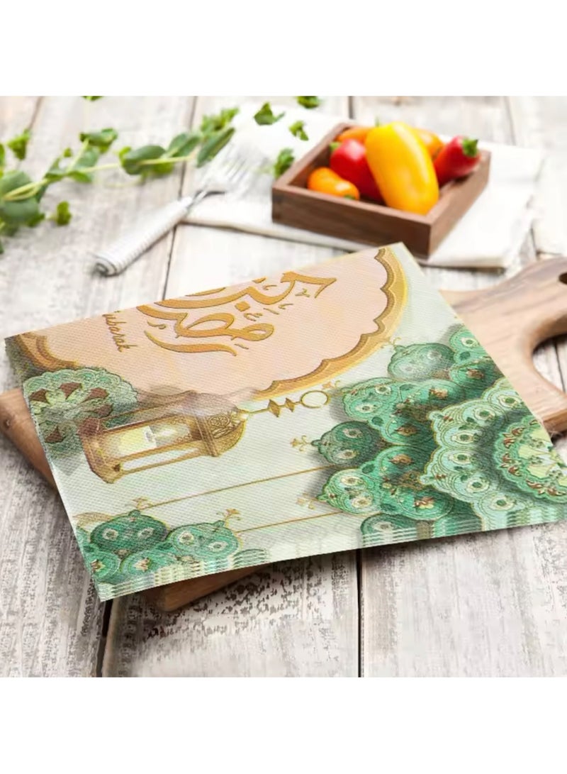 عبوة واحدة من مناديل ورقية لعيد مبارك، 20 قطعة، تصميم احتفالي باللونين الذهبي والأخضر، مناديل للاستخدام مرة واحدة لتزيين طاولة عيد الفطر - Image 2