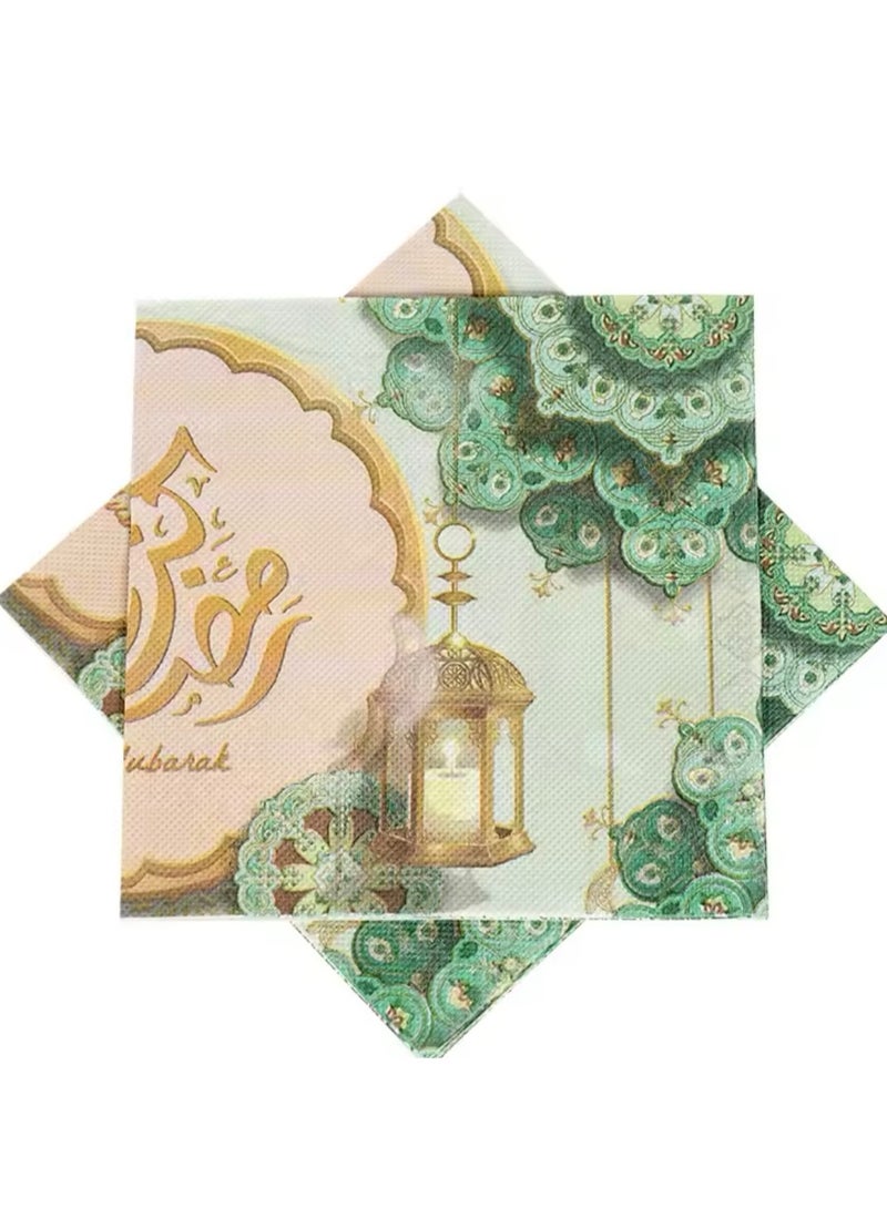 عبوة واحدة من مناديل ورقية لعيد مبارك، 20 قطعة، تصميم احتفالي باللونين الذهبي والأخضر، مناديل للاستخدام مرة واحدة لتزيين طاولة عيد الفطر - Image 5