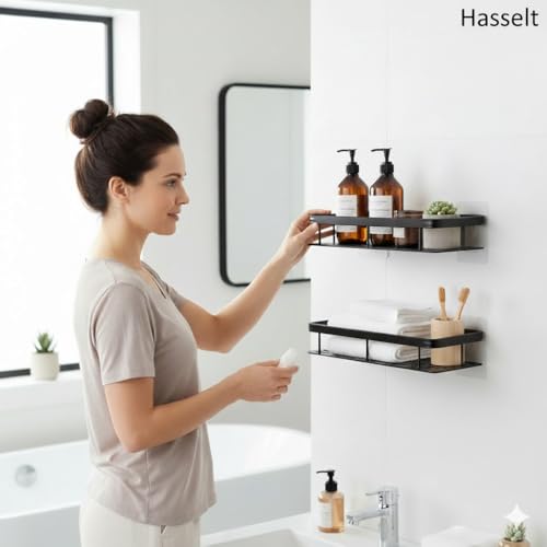Hasselt 2-Pack Aluminium Self Adhesive Bathroom Shelf Organizer – Wall Mounted, Organiser Without Drill, Floating Storage Rack Holder Stand for Bathroom, Kitchen Accessories - Large Capacity Rustproof - Image 2