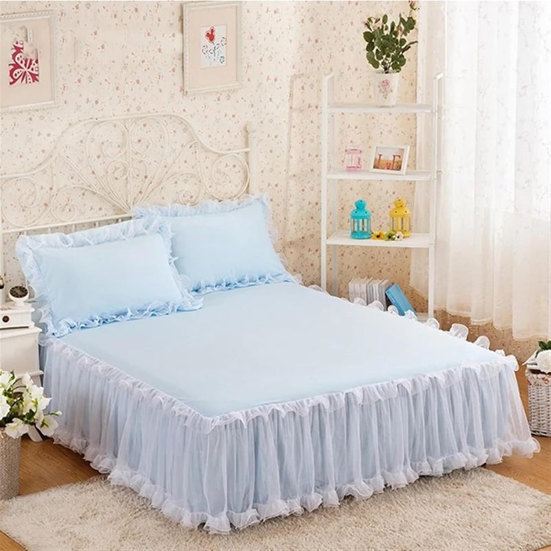 Lace Lotus Leaf Bed Skirts Solid Color Bedspread Cover Non-Slip Sheets Without Pillowcase(Blue,180x220cm 1pcs) - Image 5