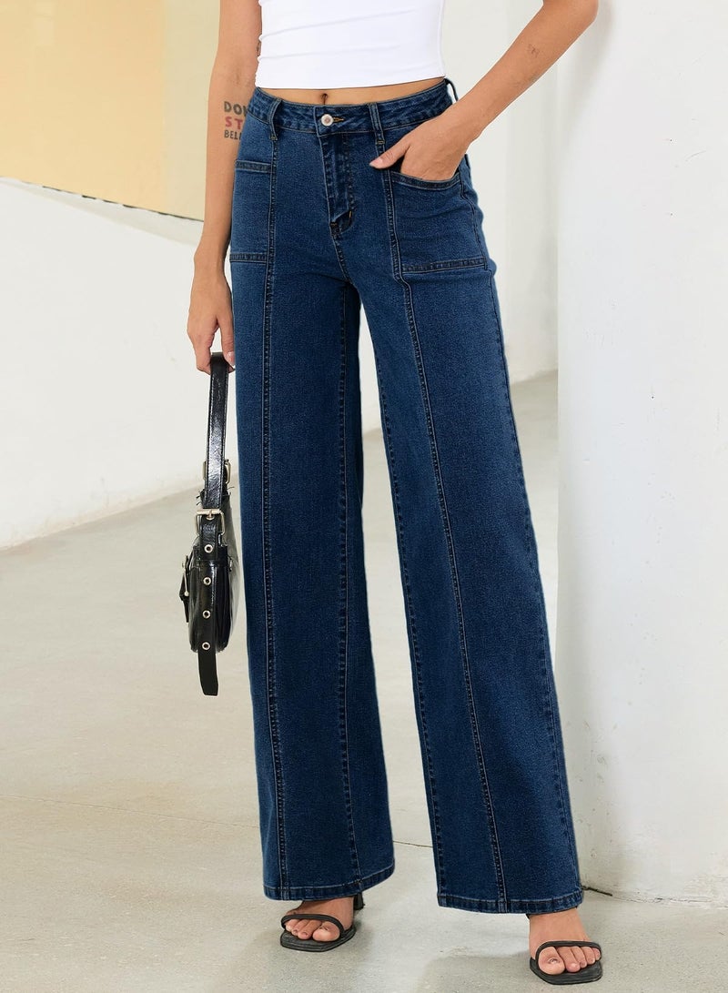 Sidefeel Womens Wide Leg Jeans High Waisted Stretchy Straight Leg Baggy Denim Pants Bluing Size 16 - Image 3