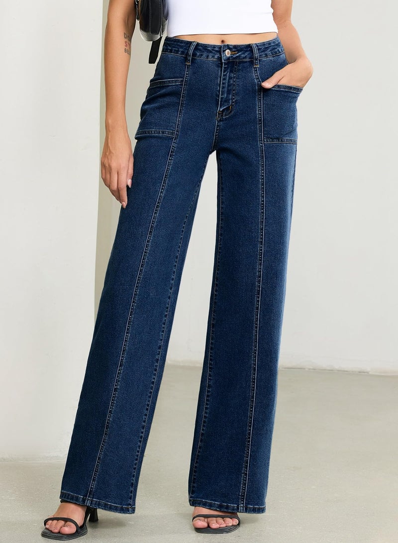 Sidefeel Womens Wide Leg Jeans High Waisted Stretchy Straight Leg Baggy Denim Pants Bluing Size 16 - Image 4