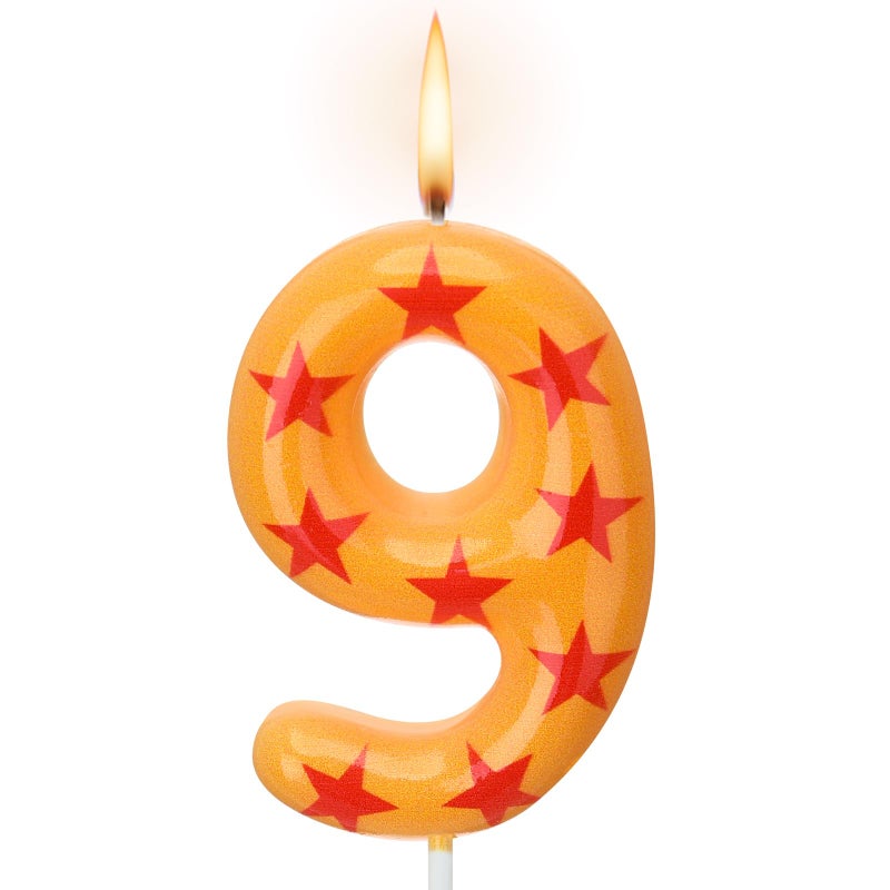 Conelist Number 9 Anime Theme Dragon Birthday Candle Yellow and Red Stars Print Candle Numeral Cake Topper for Boys' and Husband Theme Birthday Decoration Supplies - Image 1