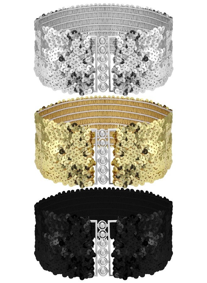 جريفوسيا حزام ترتر من جريفوسيا مكون من 3 قطع، حزام خصر ذهبي عريض مطاطي قابل للتمدد، حزام شد بإبزيم معدني، مناسب لحفلات الأزياء التنكرية في السبعينيات والثمانينيات وحفلات الديسكو للنساء والفتيات (ذهبي، فضي، أسود). - Image 1