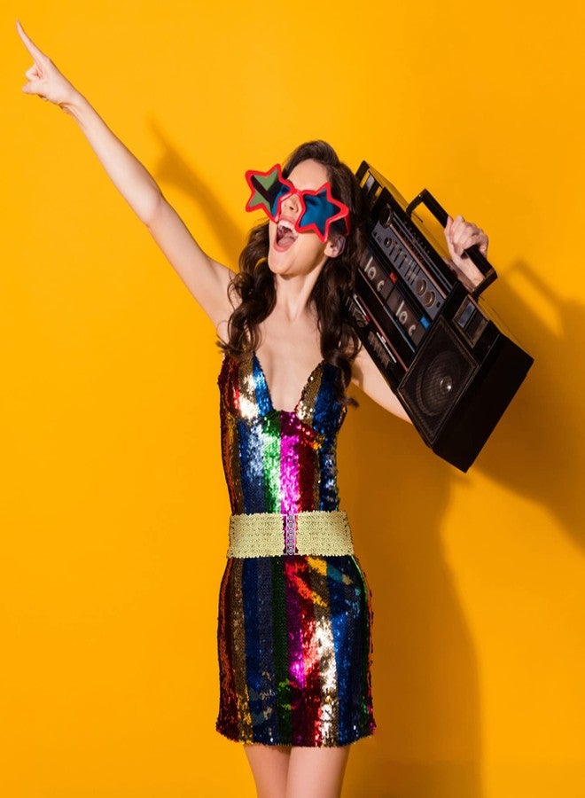 جريفوسيا حزام ترتر من جريفوسيا مكون من 3 قطع، حزام خصر ذهبي عريض مطاطي قابل للتمدد، حزام شد بإبزيم معدني، مناسب لحفلات الأزياء التنكرية في السبعينيات والثمانينيات وحفلات الديسكو للنساء والفتيات (ذهبي، فضي، أسود). - Image 5