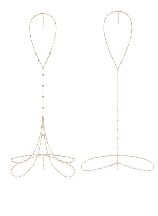 KYLELOVE Women's Body Chains Set,2PCS Adjustable Beach Sexy Golden Navel Belly Waist Chain for Women Beach Bikini Bra Crystal Chains Summer Gift Rhinestone Layered Waist Chain - Image 1