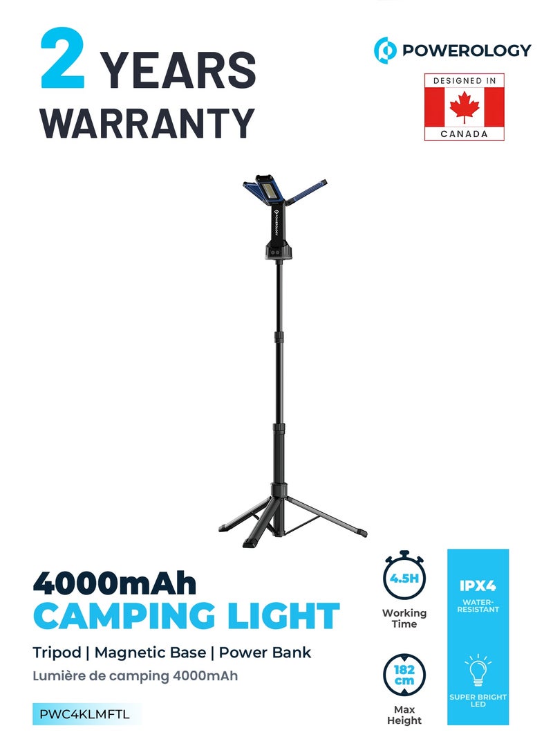 باورولوجي إضاءة تخييم 4000LM مع حامل ثلاثي قابل للفصل، سعة بطارية 4000mAh، قاعدة مغناطيسية، ارتفاع يصل إلى 182 سم، مقاومة للماء بتصنيف IPX4، أوضاع إضاءة متعددة (دافئ وأبيض)، أسود - Image 1